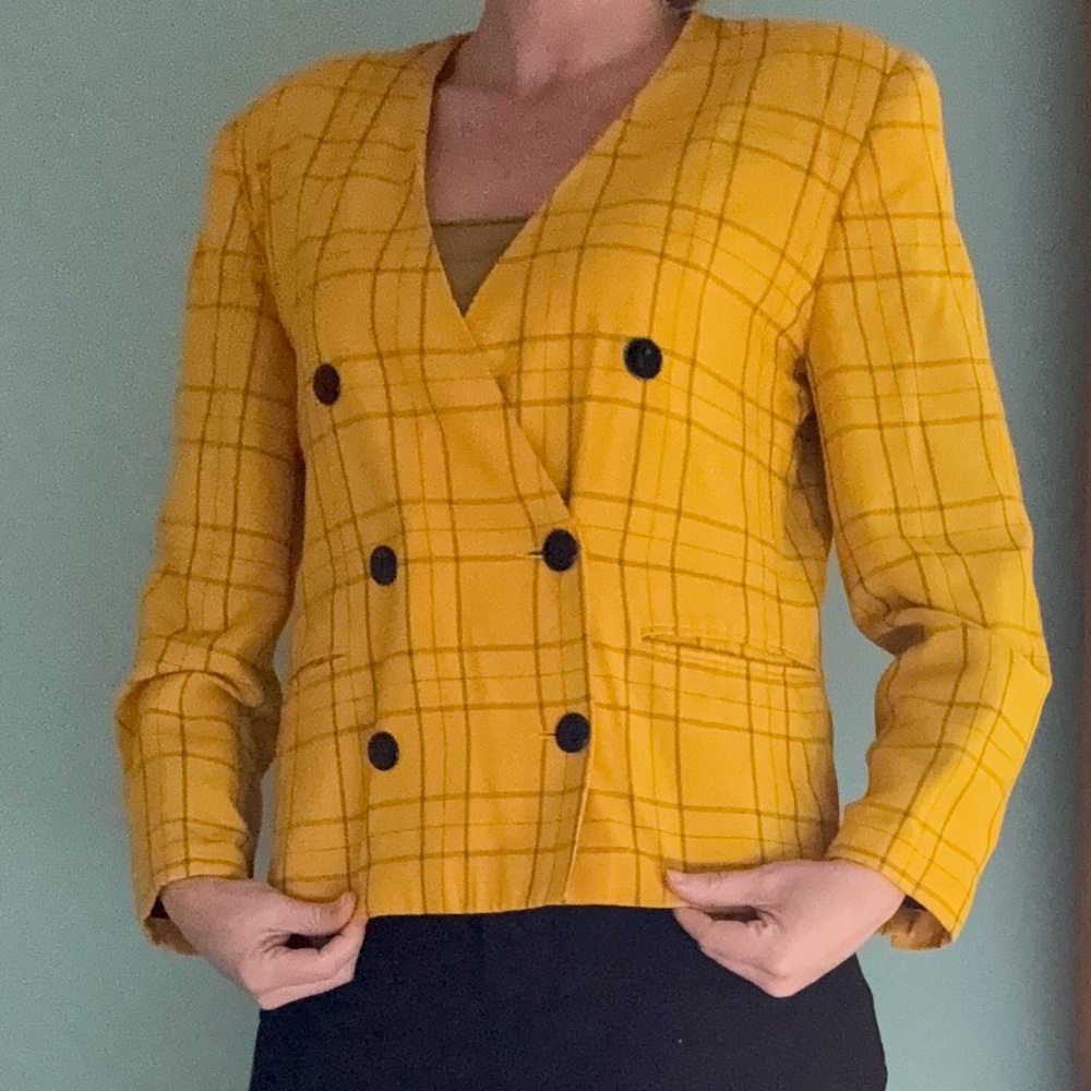 Vintage Michelle Stuart Mustard Yellow Plaid Double-Breasted Blazer